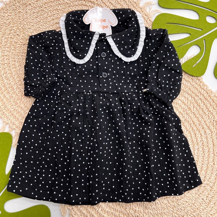 Inverno 2025 - Vestido Manga Longa Poá com Gola - Preto e Branco